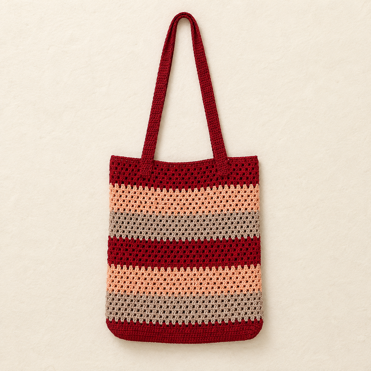 Striped Crochet Tote Bag - Maroon Peach - model shot
