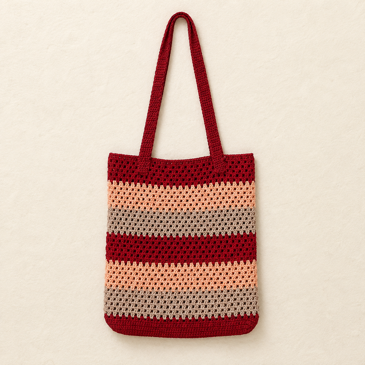 Striped Crochet Tote Bag - Maroon Peach - model shot