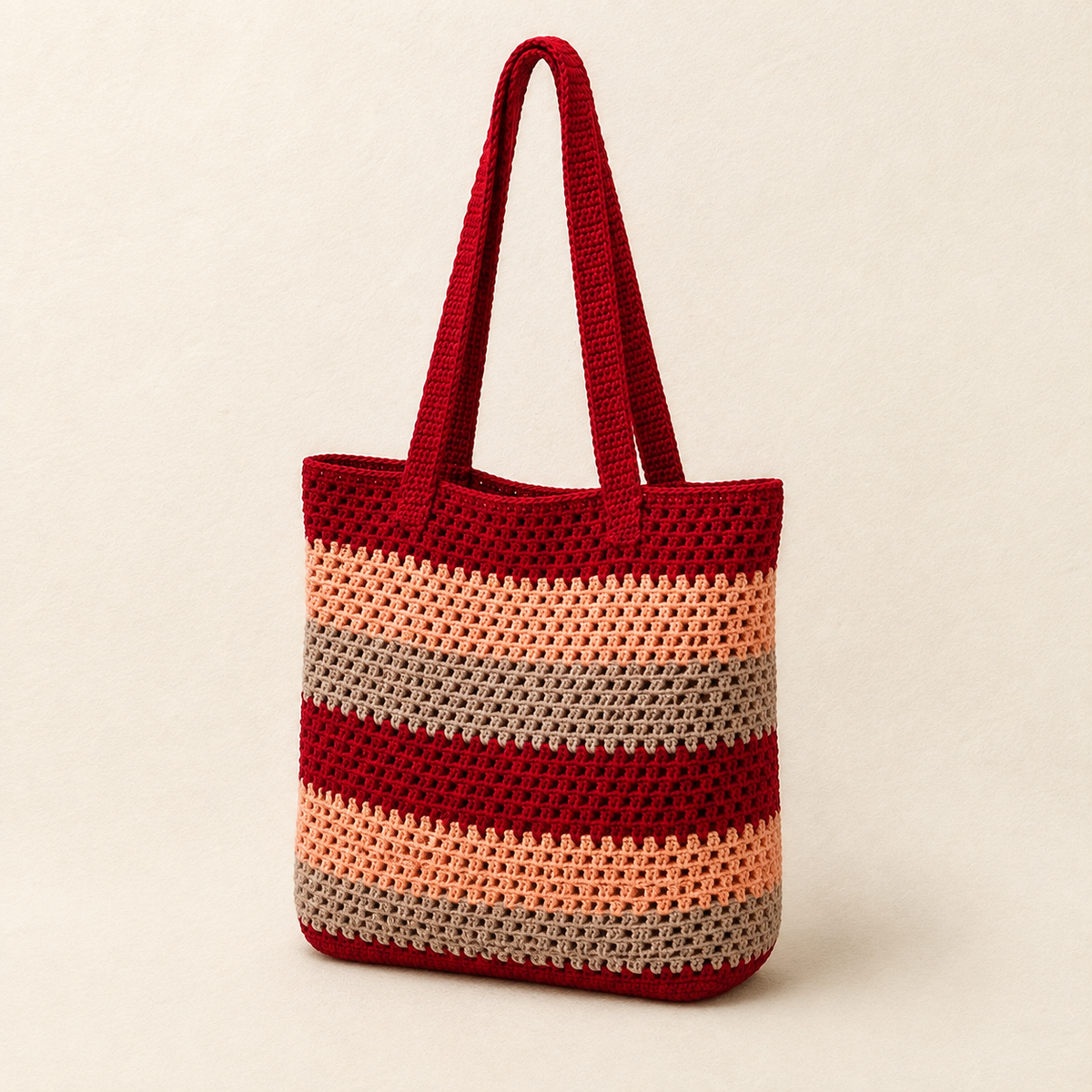 Striped Crochet Tote Bag - Maroon Peach - view 2