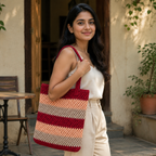 Striped Crochet Tote Bag - Maroon Peach - view 3