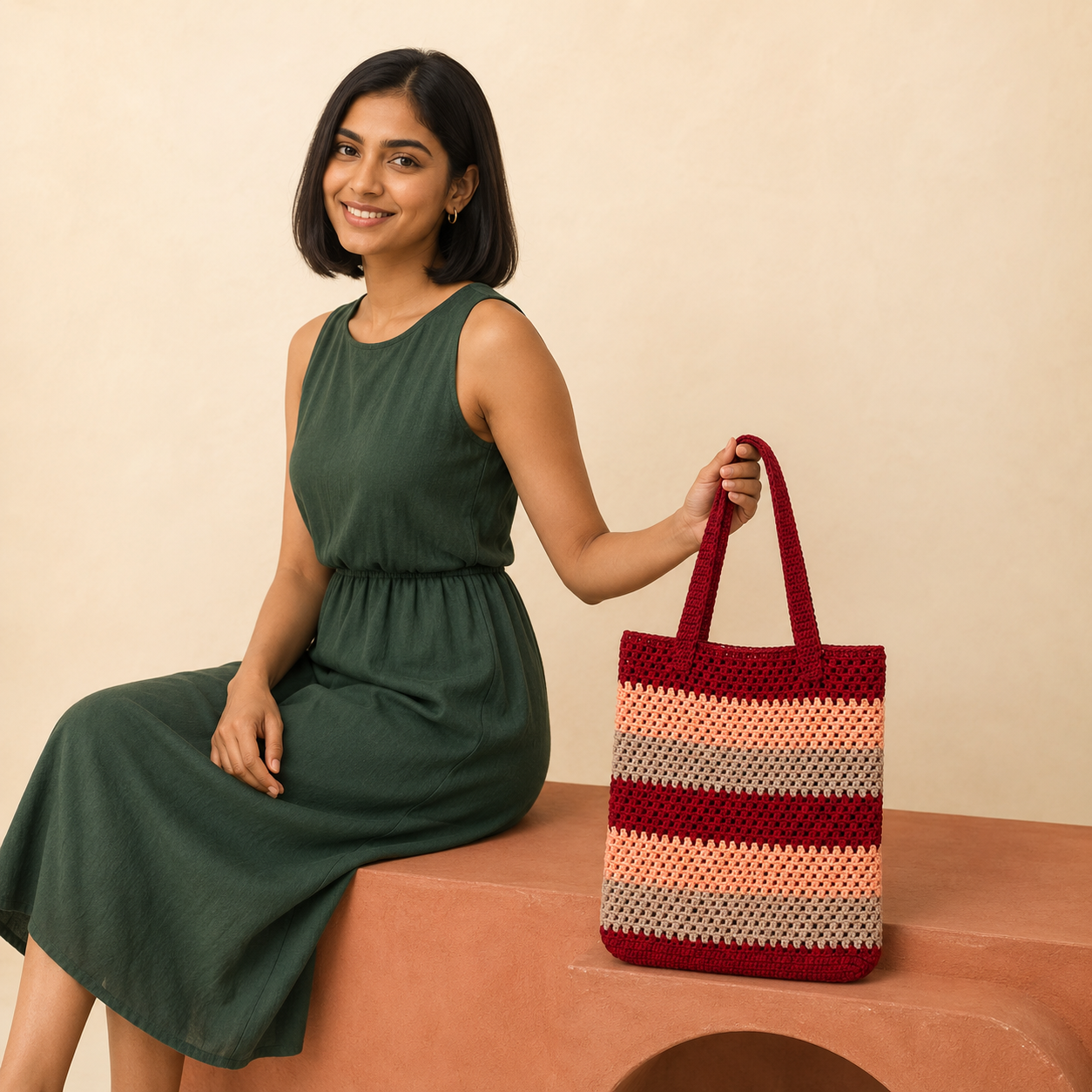 Striped Crochet Tote Bag - Maroon Peach - view 4