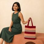 Striped Crochet Tote Bag - Maroon Peach - view 4