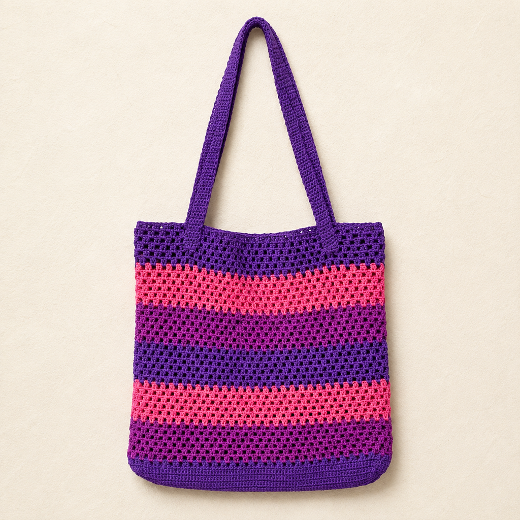 Striped Crochet Tote Bag - Purple Pink - model shot