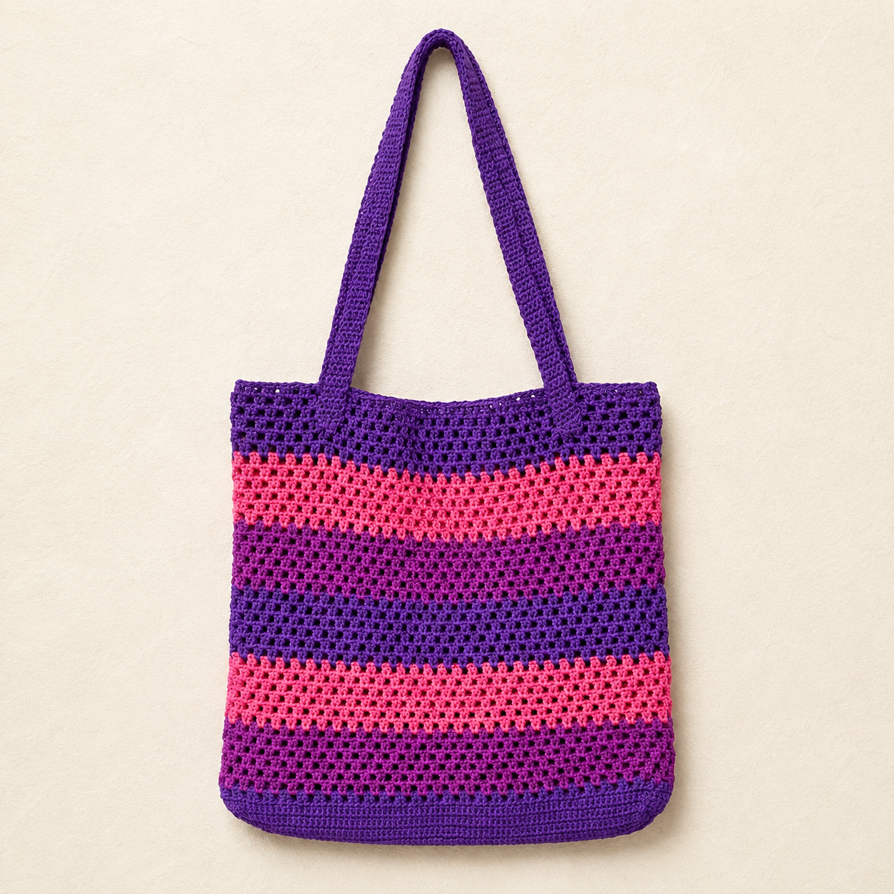 Striped Crochet Tote Bag - Purple Pink - model shot