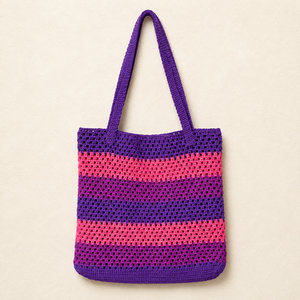 Striped Crochet Tote Bag - Purple Pink - model shot