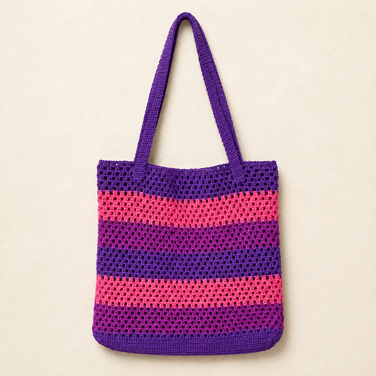 Striped Crochet Tote Bag - Purple Pink - model shot