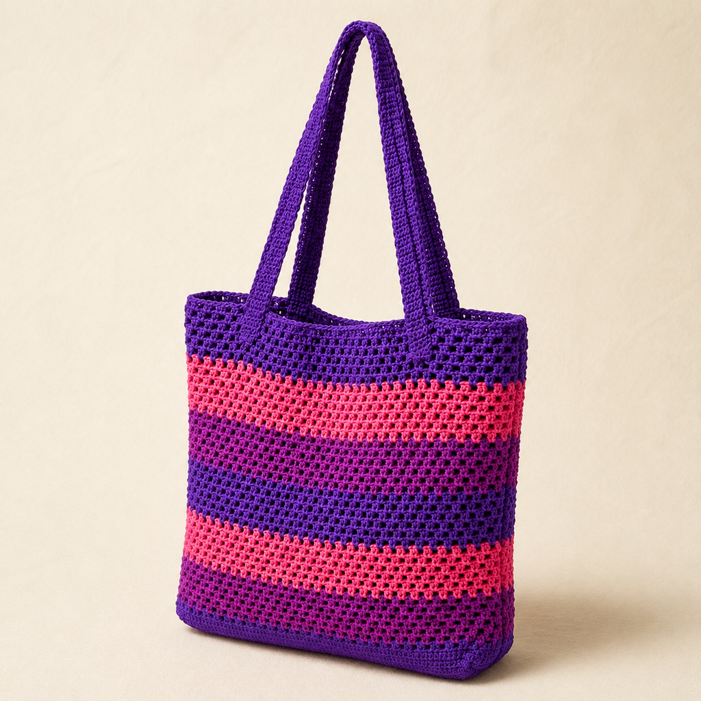 Striped Crochet Tote Bag - Purple Pink - view 2