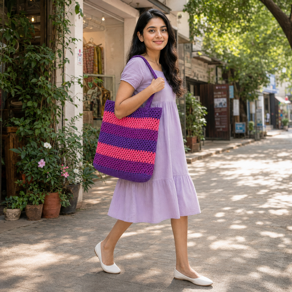 Striped Crochet Tote Bag - Purple Pink - view 3