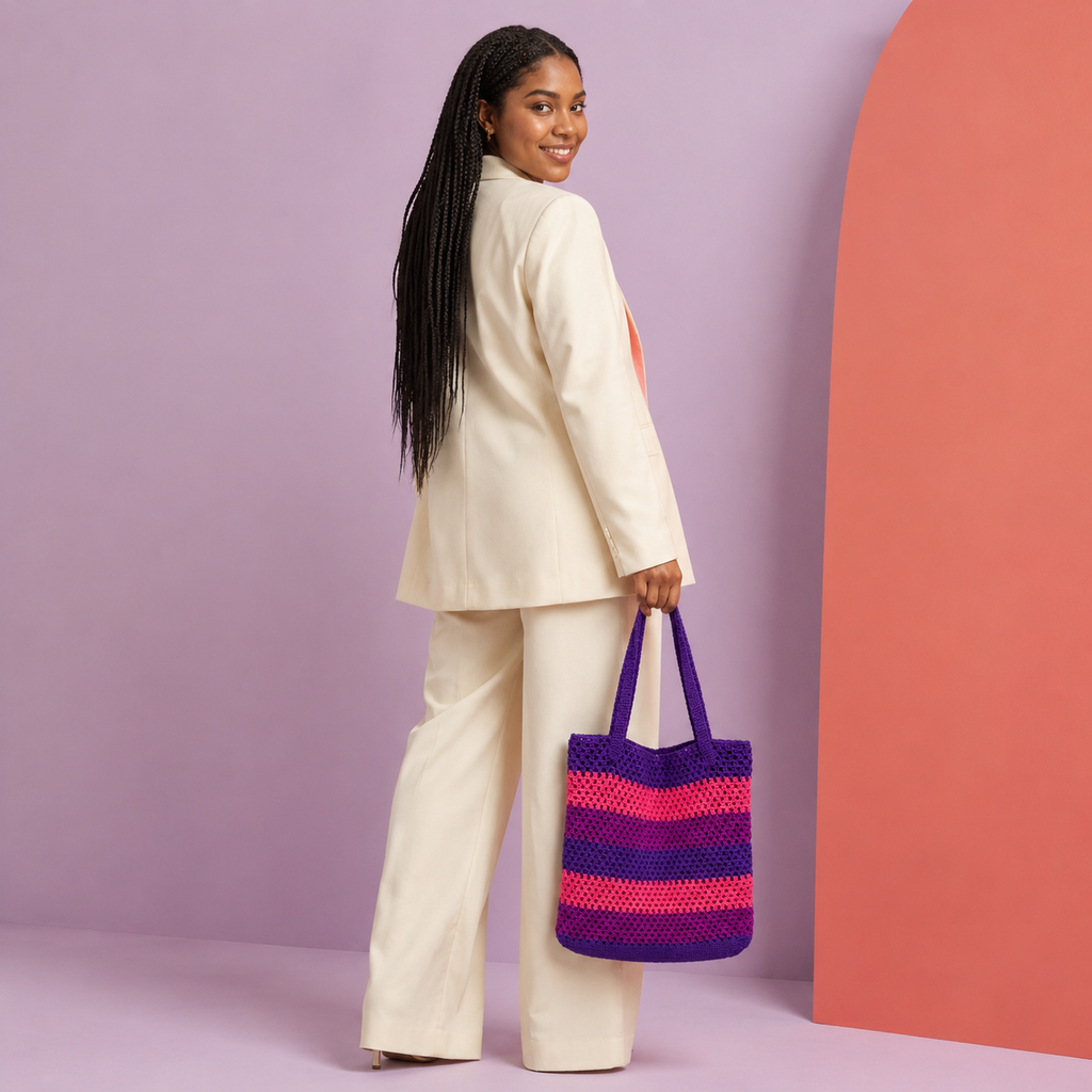 Striped Crochet Tote Bag - Purple Pink - view 4