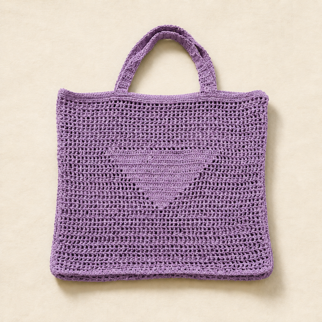 Textured Crochet Tote Bag with Pocket - Purple Lavender - model shot