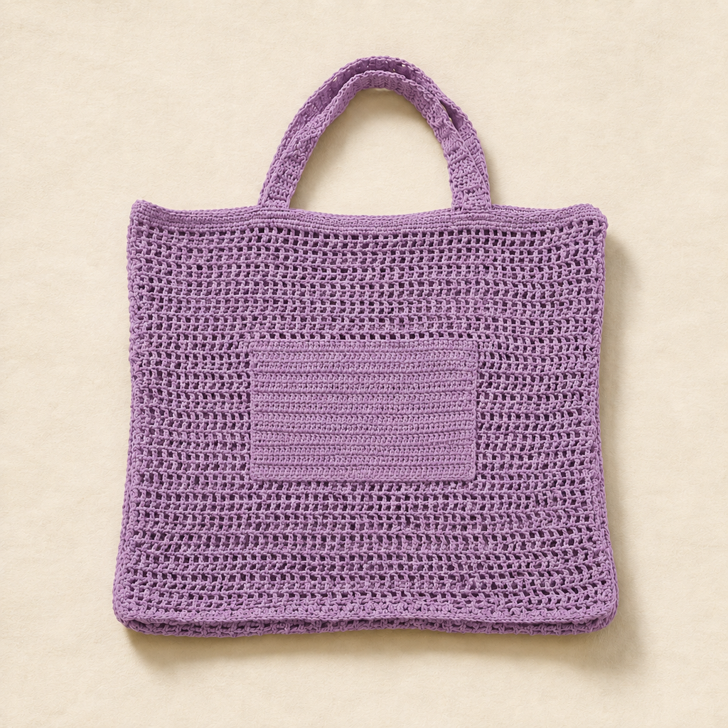 Textured Crochet Tote Bag with Pocket - Purple Lavender - view 2