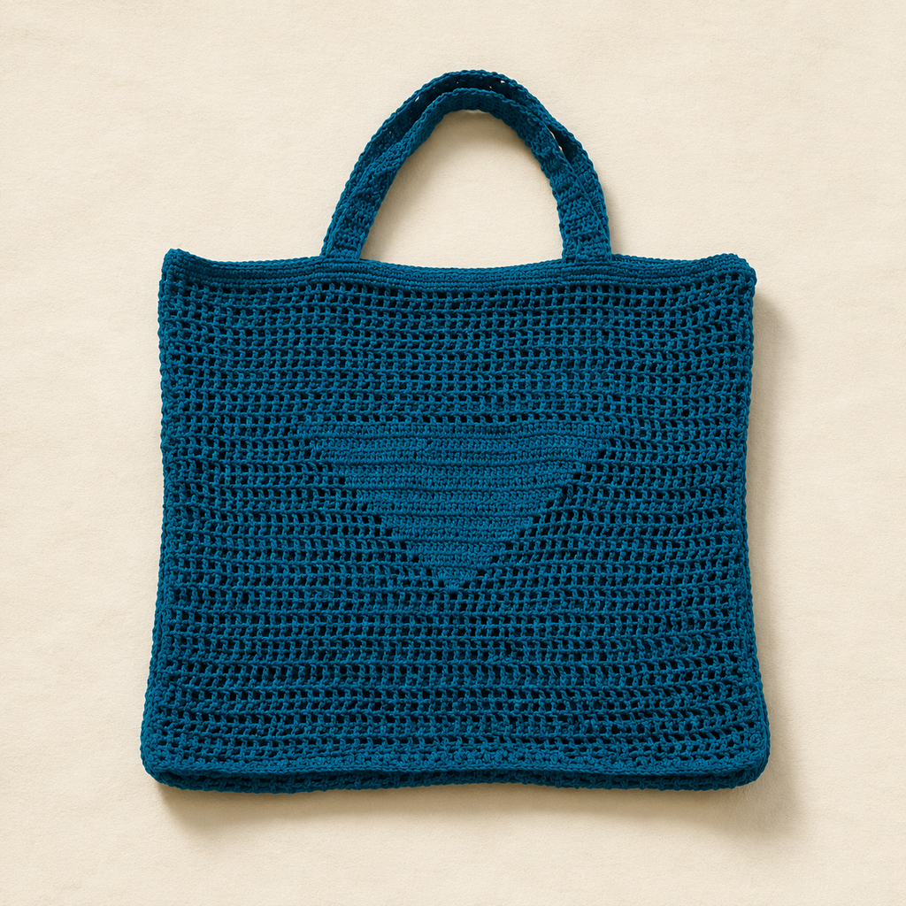 Textured Crochet Tote Bag with Pocket - Teal - model shot