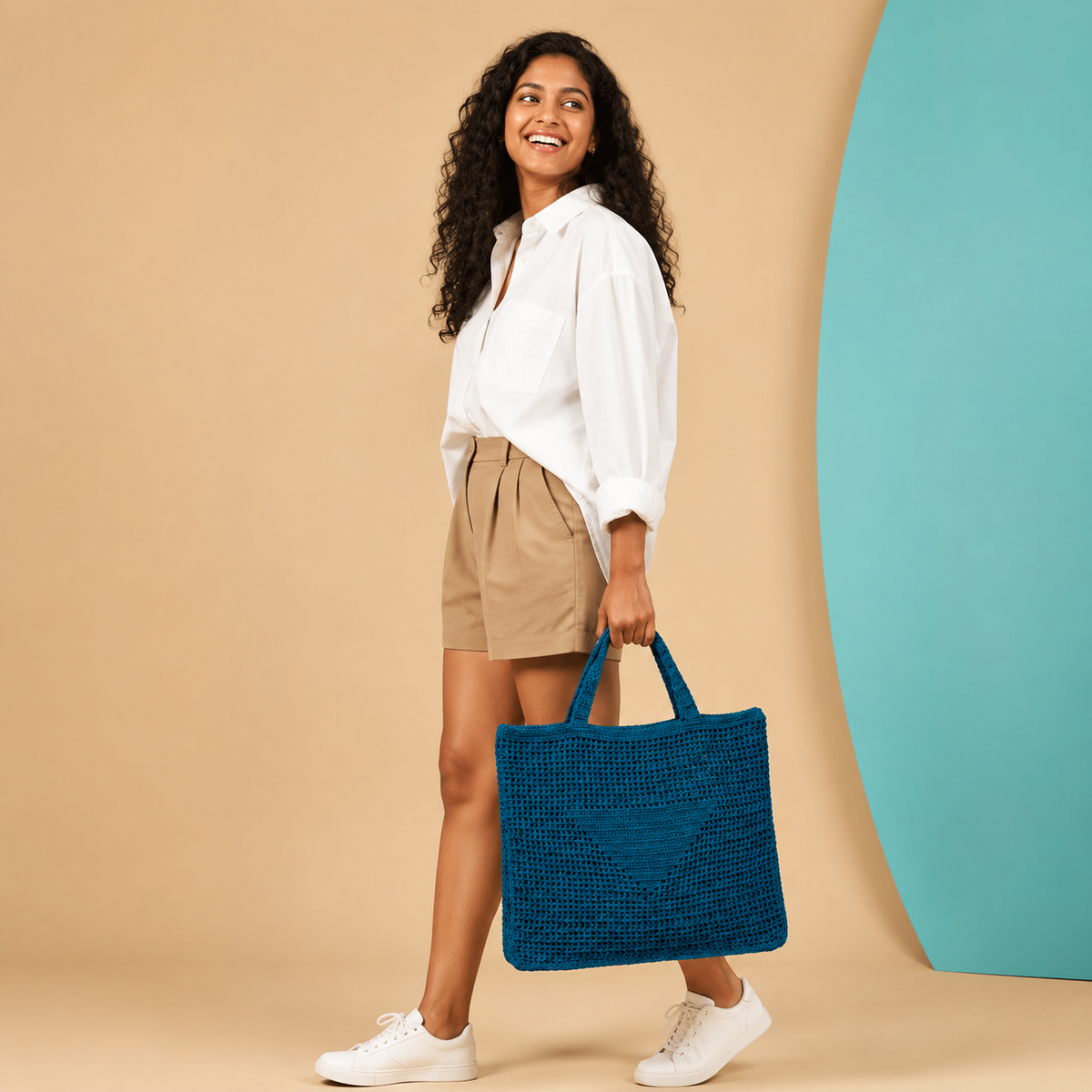 Textured Crochet Tote Bag with Pocket - Teal - view 2