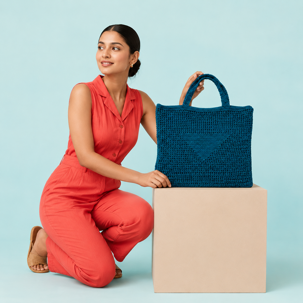 Textured Crochet Tote Bag with Pocket - Teal - view 3
