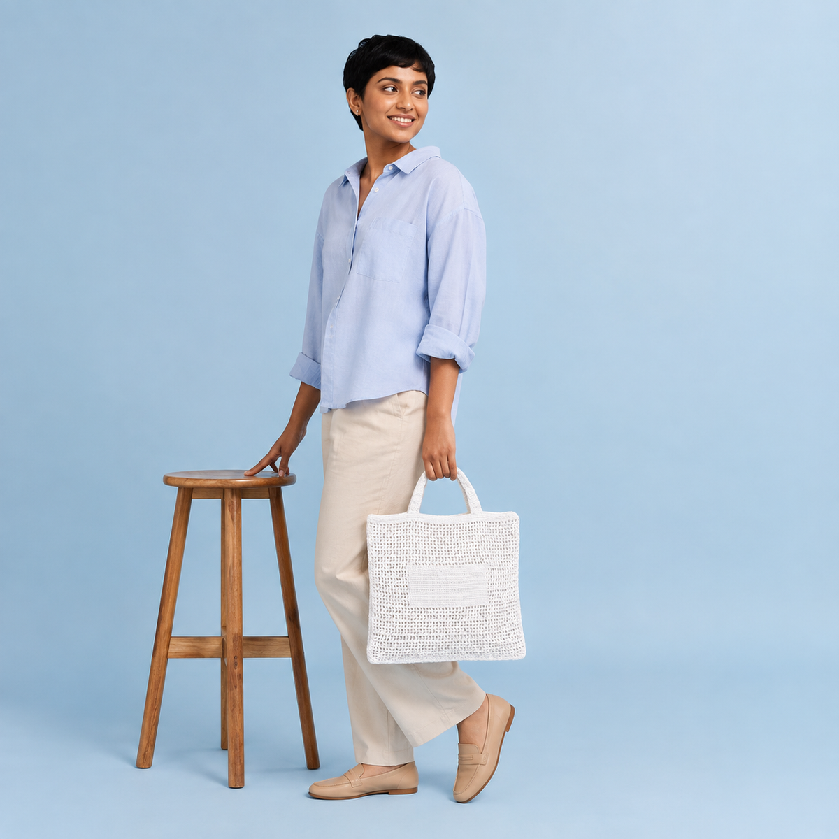 Textured Crochet Tote Bag with Pocket - White Cream - view 2