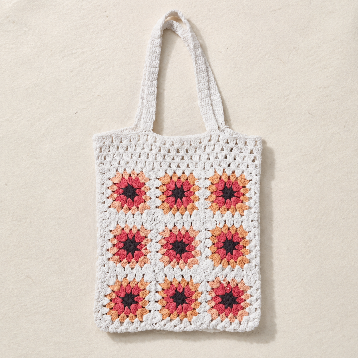 Vintage Granny Square Crochet Tote Bag - Cream Pink - model shot