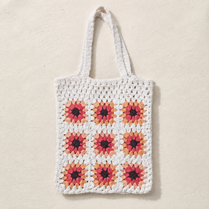 Vintage Granny Square Crochet Tote Bag - Cream Pink - model shot