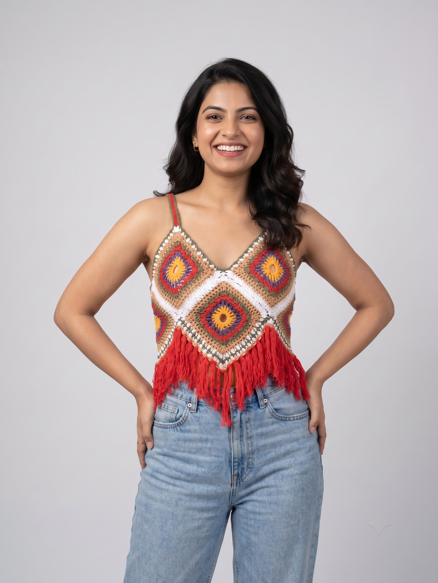 Multicolour diamond-pattern crochet top with red tassel hem, handmade in Narsapuram