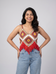 Multicolour diamond-pattern crochet top with red tassel hem, handmade in Narsapuram