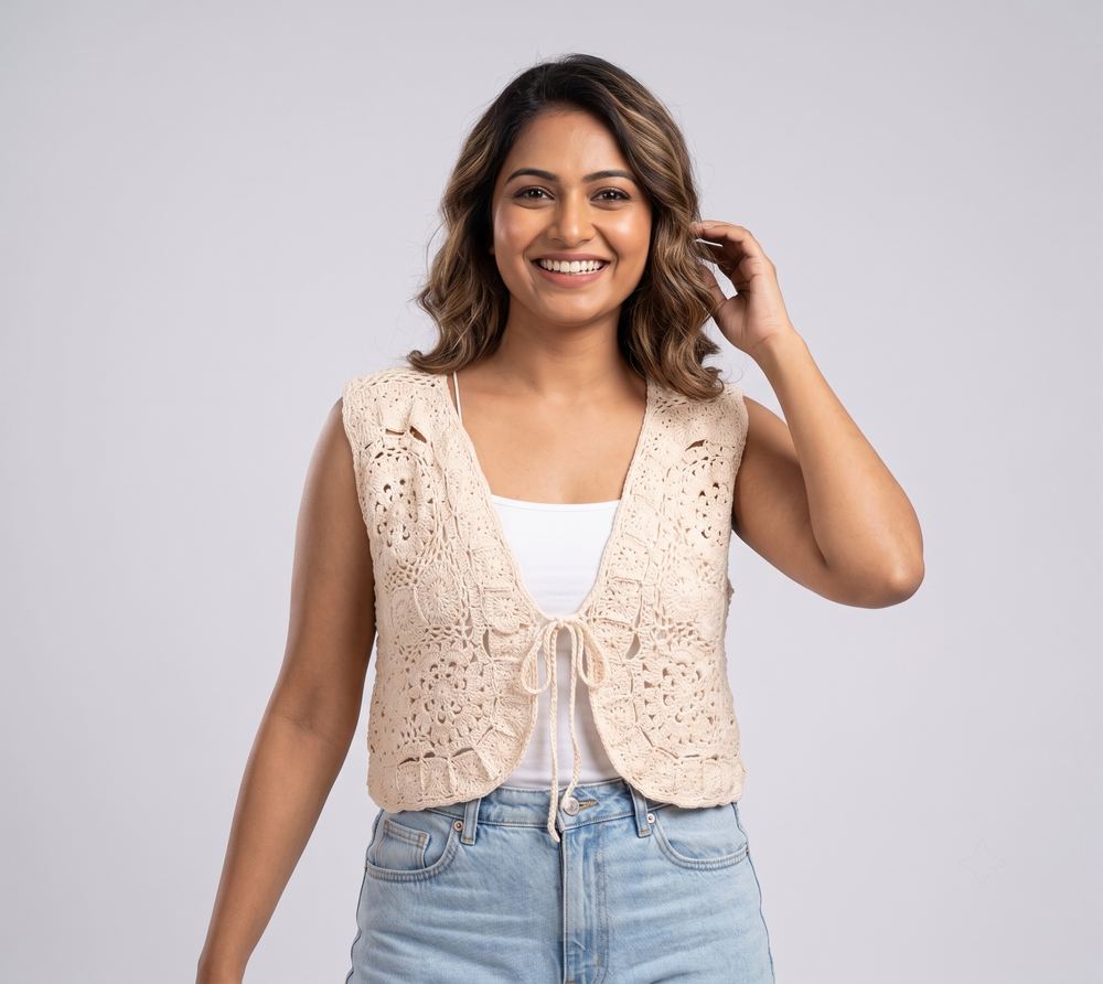Cream Lace Vest, handmade crochet from Narsapuram — part of The Layering Edit