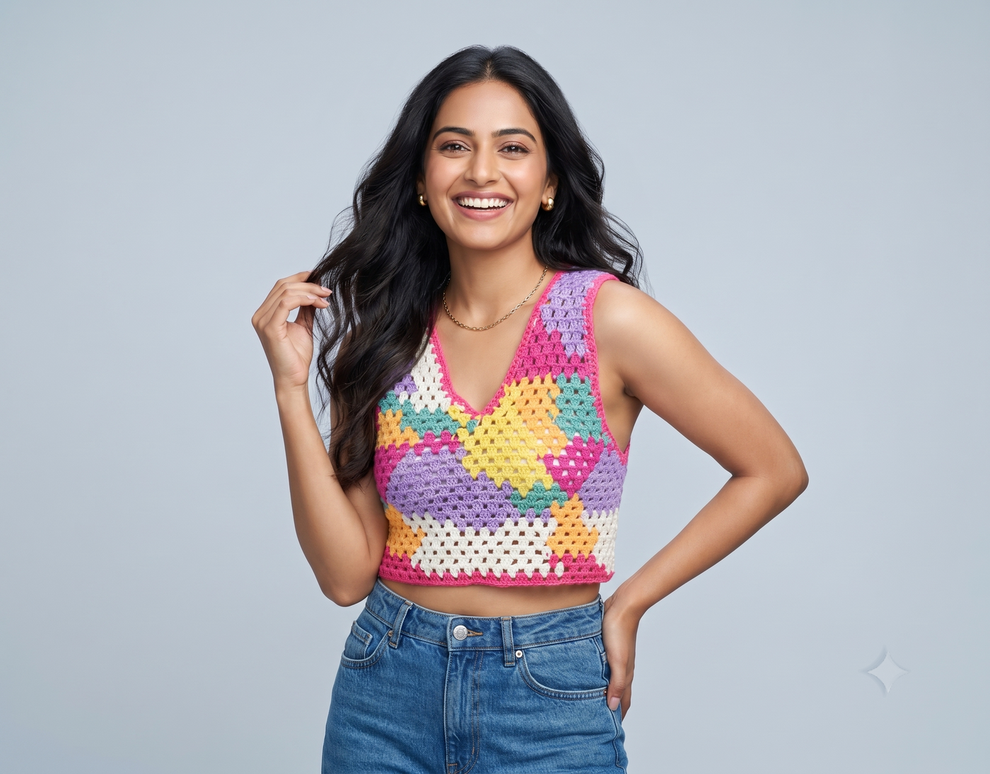 Multicolour granny square patchwork crochet vest top, handmade in Narsapuram